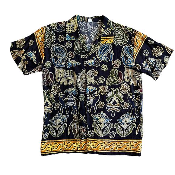 Vintage Men's L Ethnic Rayon Short Sleeve Hawaiian Shirt Mix Print Black Multi - Picture 1 of 15